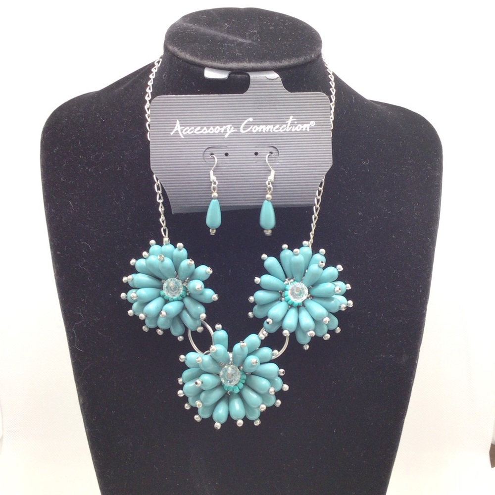 Accessory Connection Teal Floral Beaded Statement Matinee Necklace & Earring Set